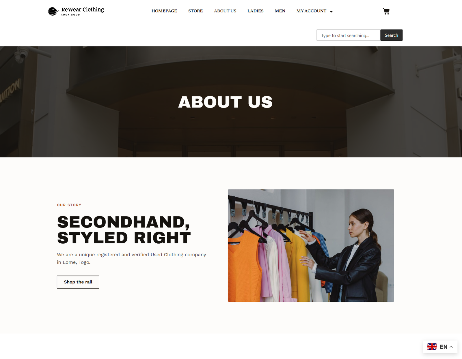 Rewear Clothing website about page hero screenshot
