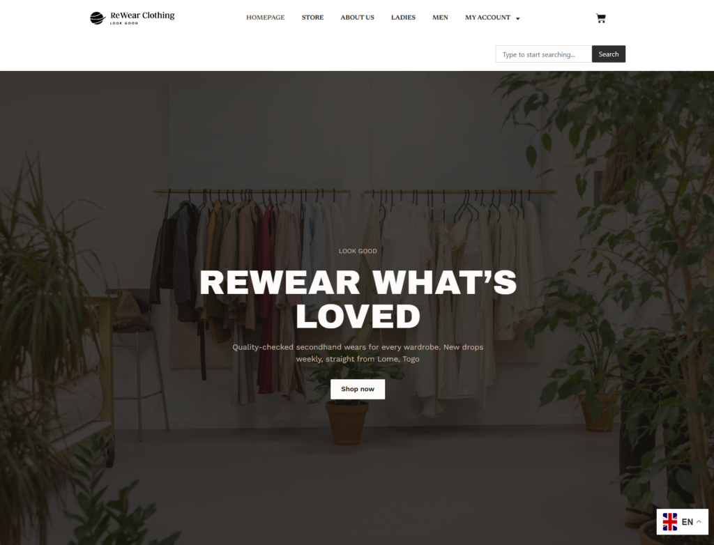 Rewear Clothing website homepage screenshot