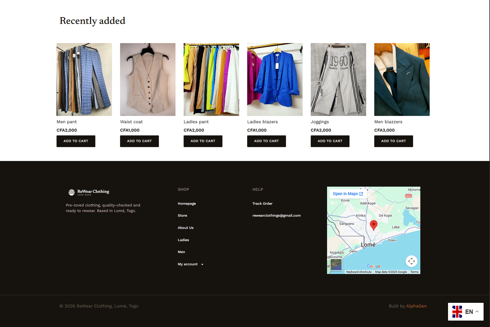 Rewear Clothing website recent products and footer screenshot