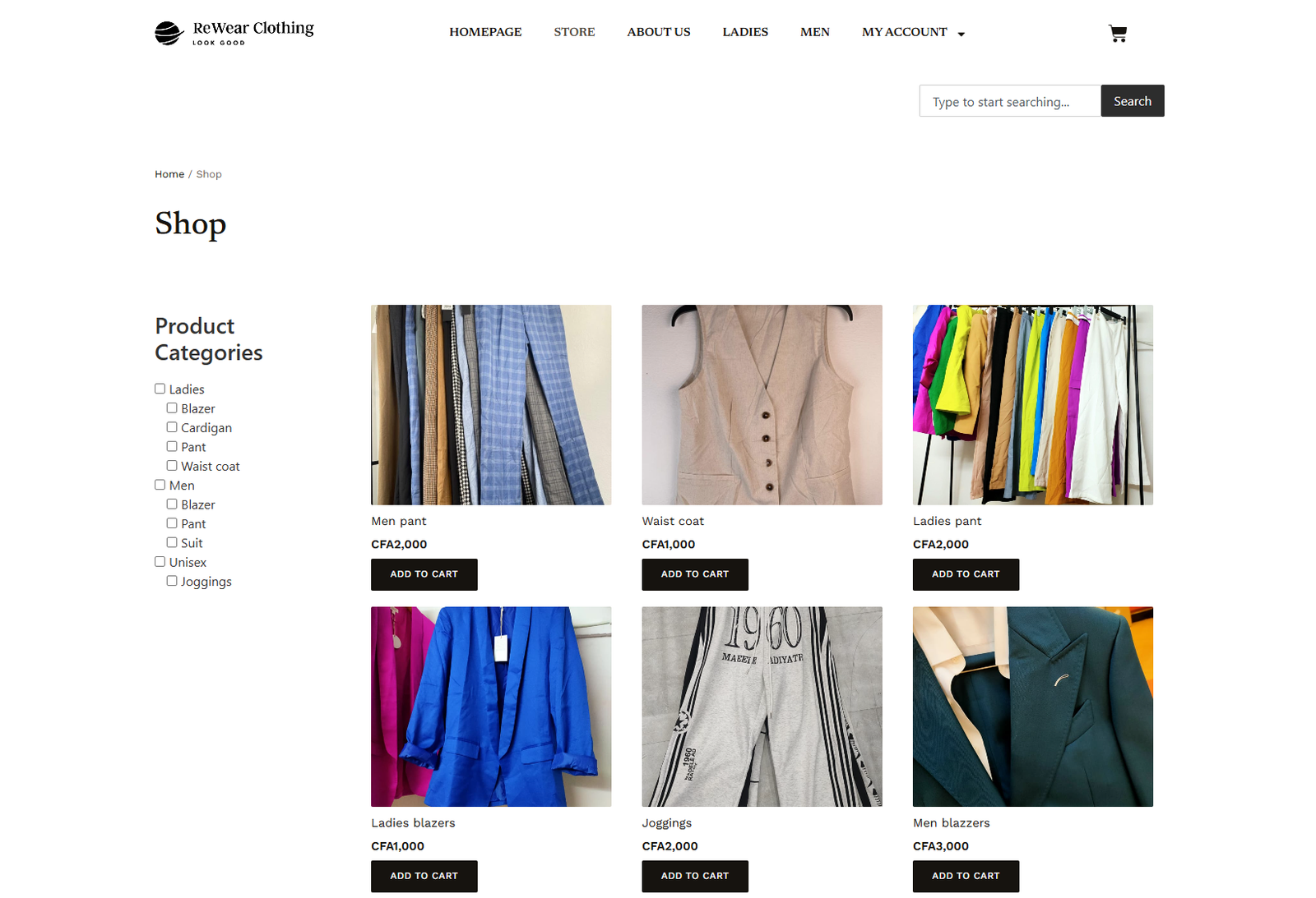 Rewear Clothing online store page screenshot